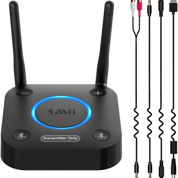 Transmisor Bluetooth 5.2 para TV a auriculares/altavoces inalámbricos con control de volumen, entradas de audio AUX/RCA/óptica/coaxial