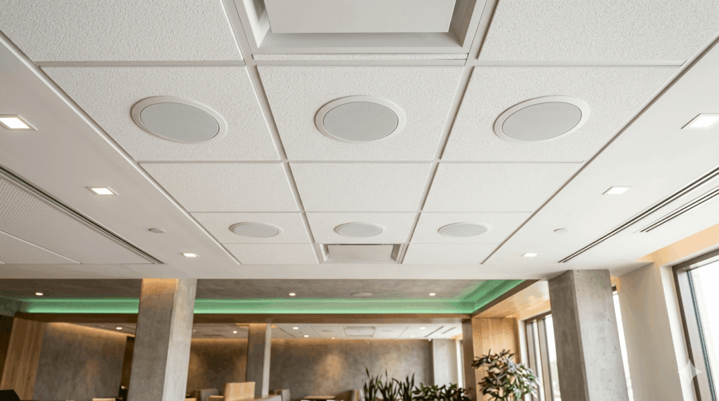 Parlantes de techo instalados en cielo raso de oficina comercial en Colombia