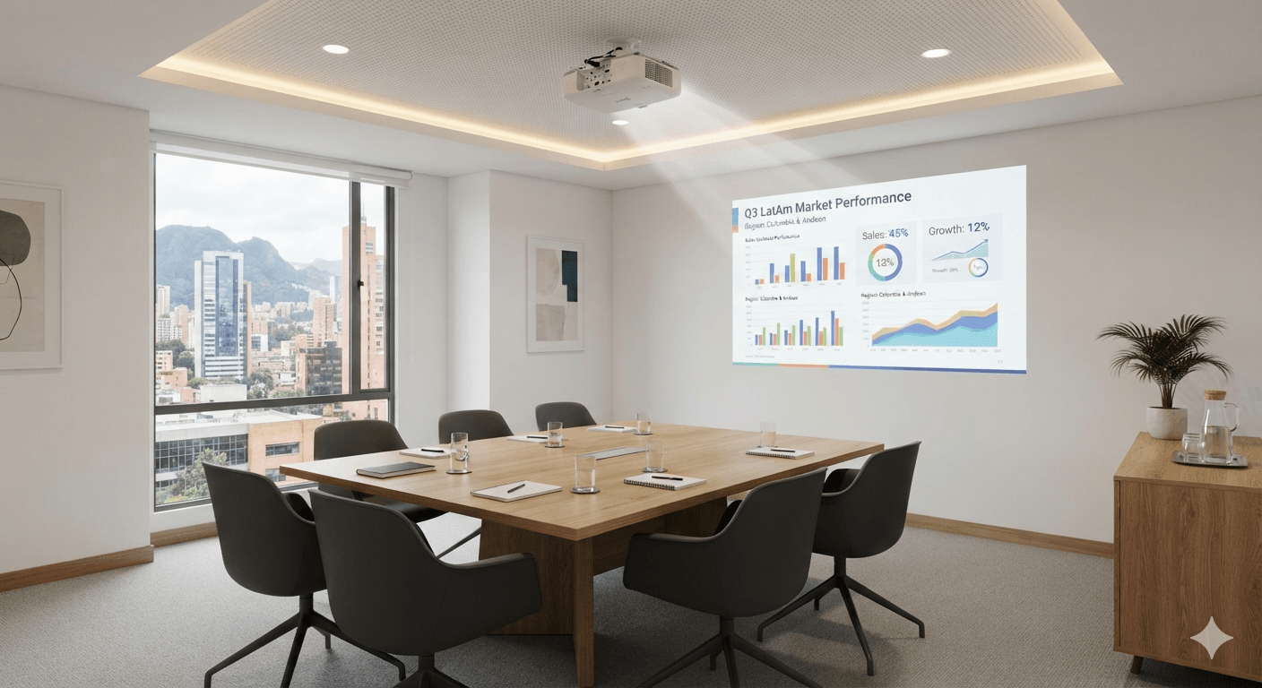Proyector empresarial instalado en sala de reuniones corporativa en Colombia