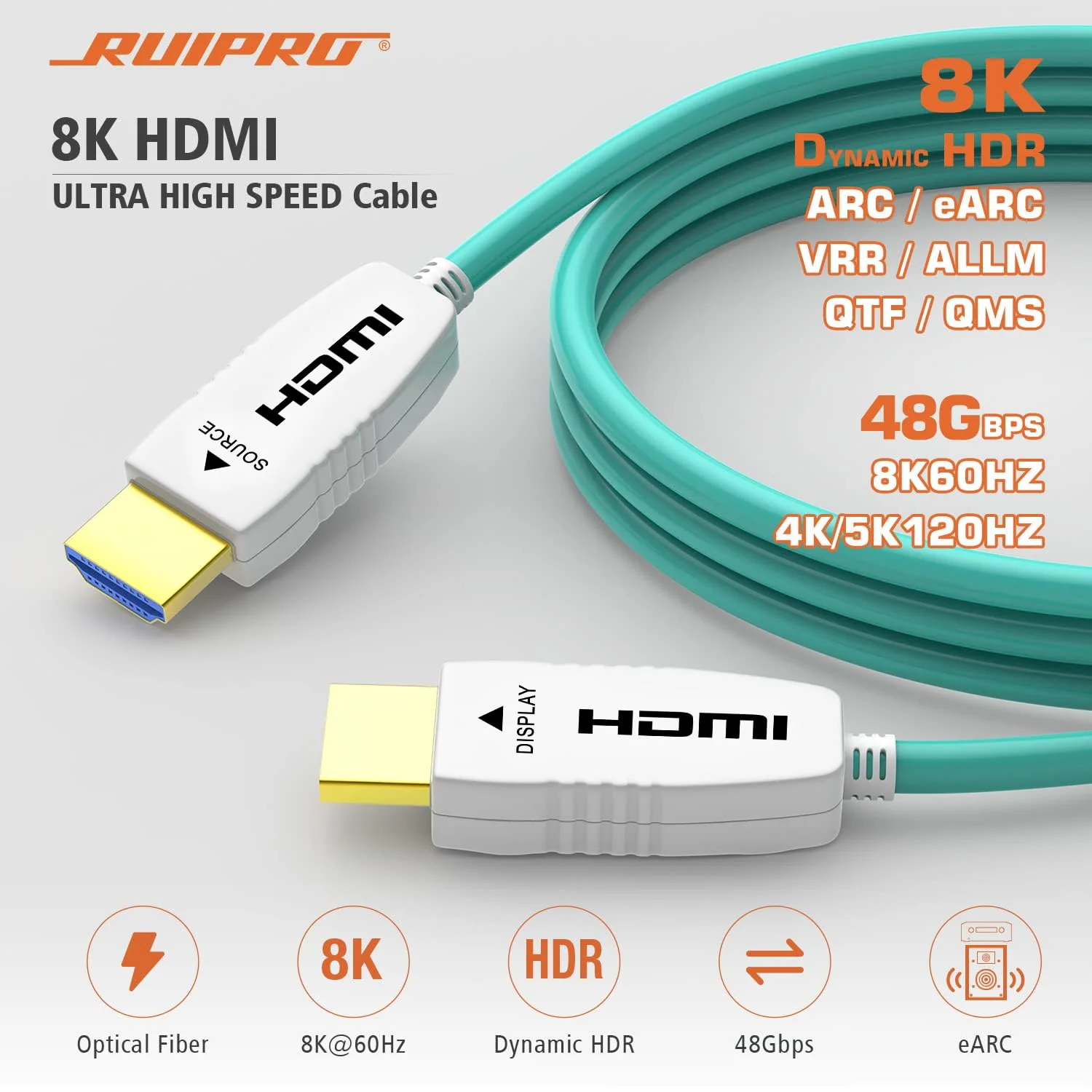 ruipro-8k-hdmi-ultra-high-speed-dynamic-hdr-vrr-earc-48gbps Cable HDMI de fibra óptica 8K 48 Gbps 8K60Hz 4K120Hz HDR dinámico eARC HDCP2.2/2.3 15 Metros - Imagen 1